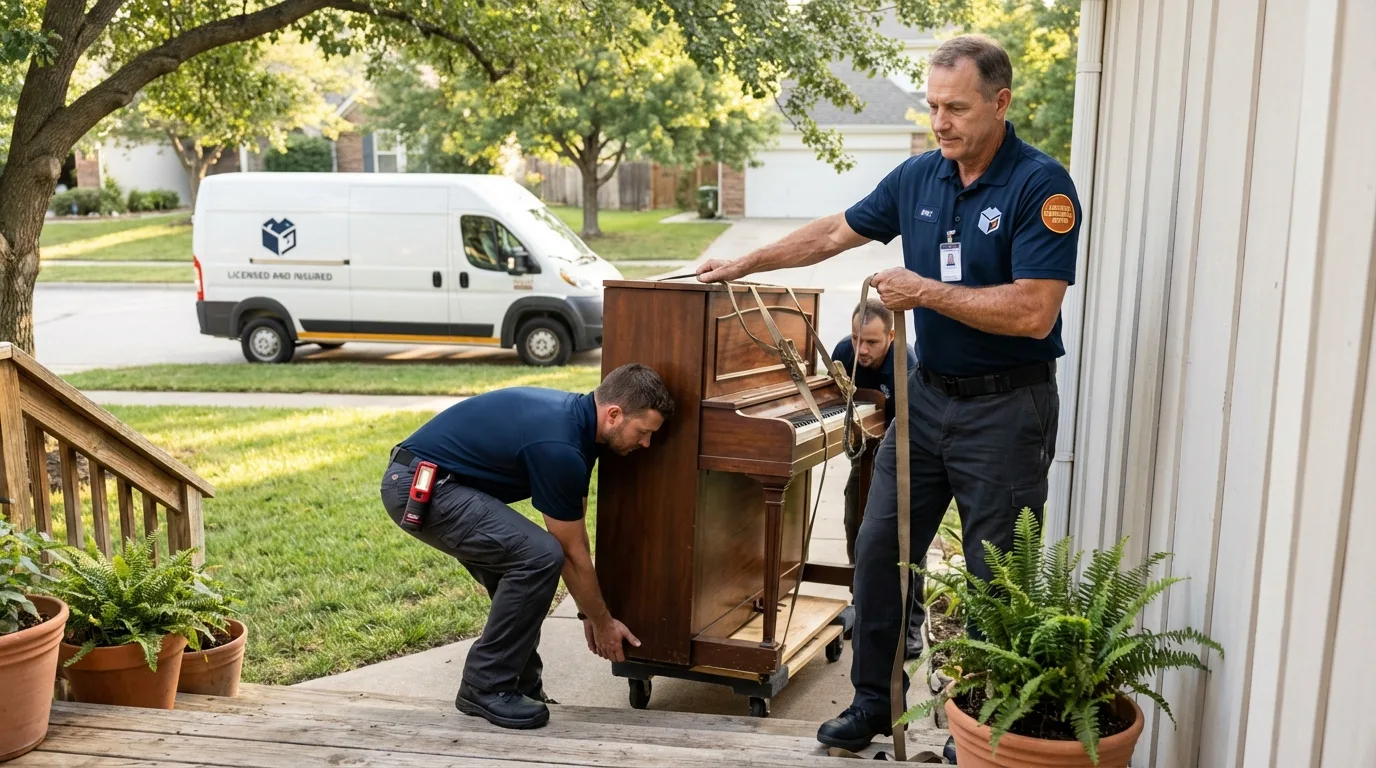 Licensed piano movers securing grand piano in Folsom, CA