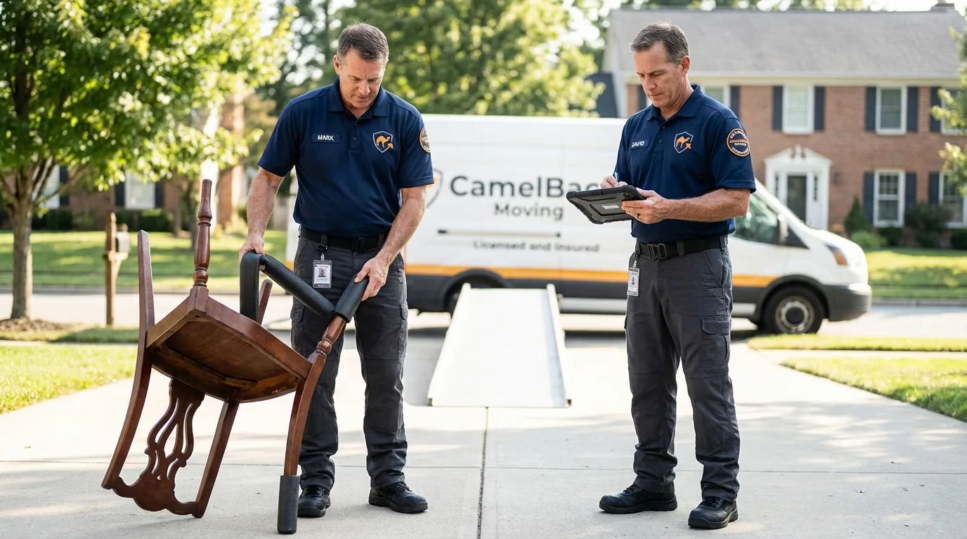 Movers inspecting furniture for damage prevention before loading in Folsom, CA