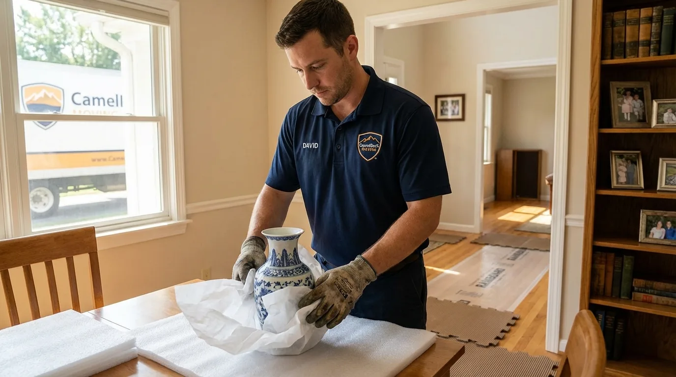 Professional crew carefully wrapping antique vase for senior downsizing move in Folsom, CA